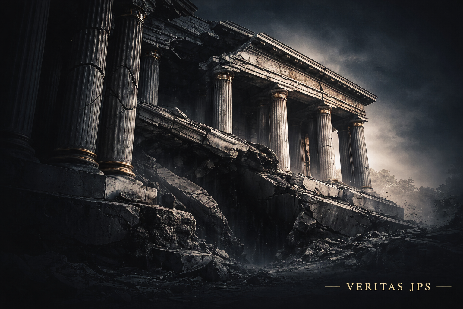 Classical judicial architecture with hollow enforcement foundation representing failed judicial integrity systems