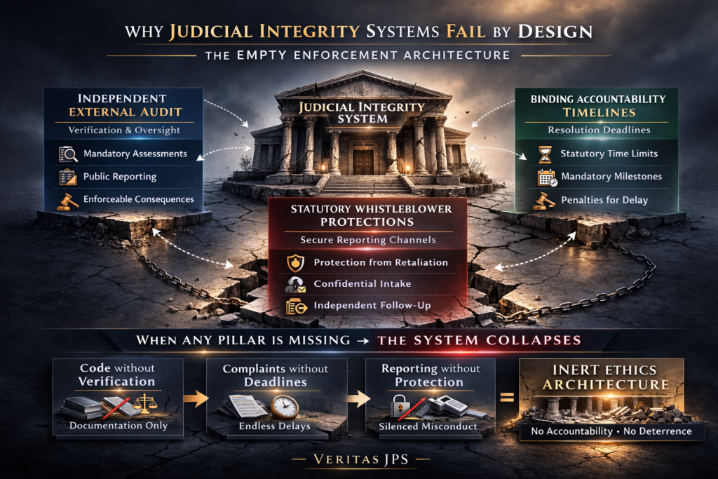 Institutional design triangle showing three missing elements of judicial integrity systems: external audit, binding timelines, whistleblower protections