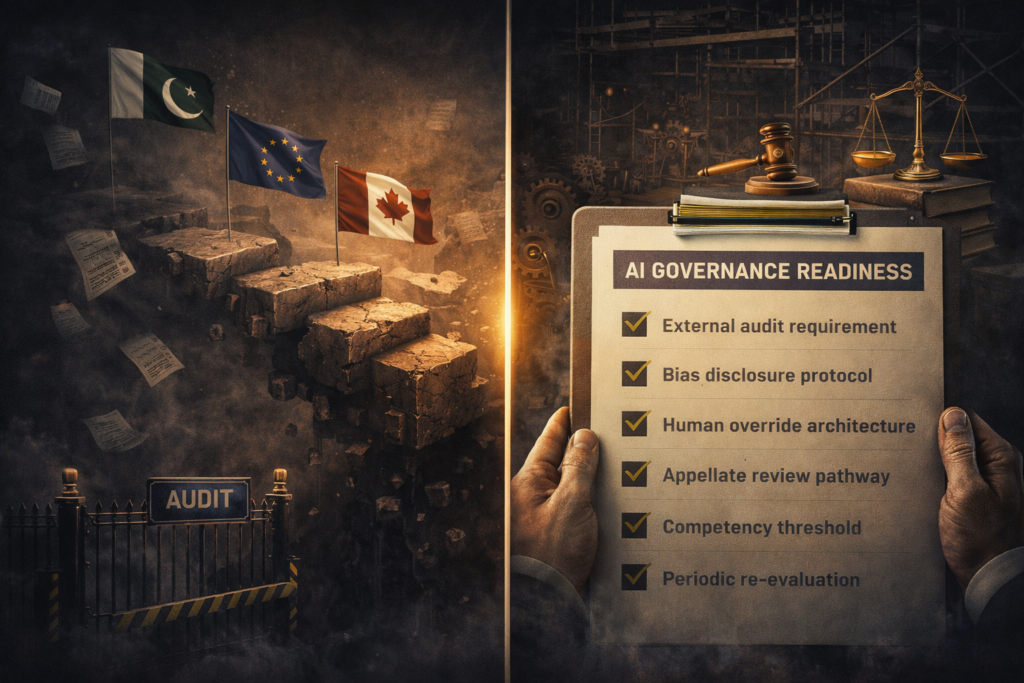 Timeline comparing AI judicial oversight frameworks across EU, Pakistan, Canada, and Singapore