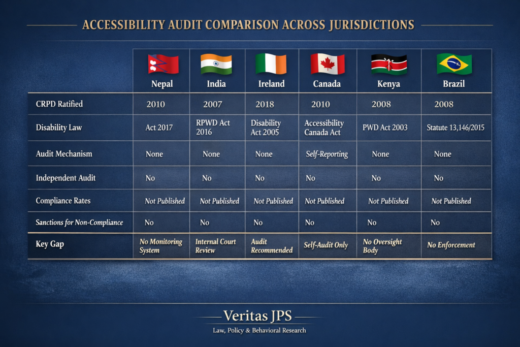 Map comparing court accessibility audit gaps across six jurisdictions