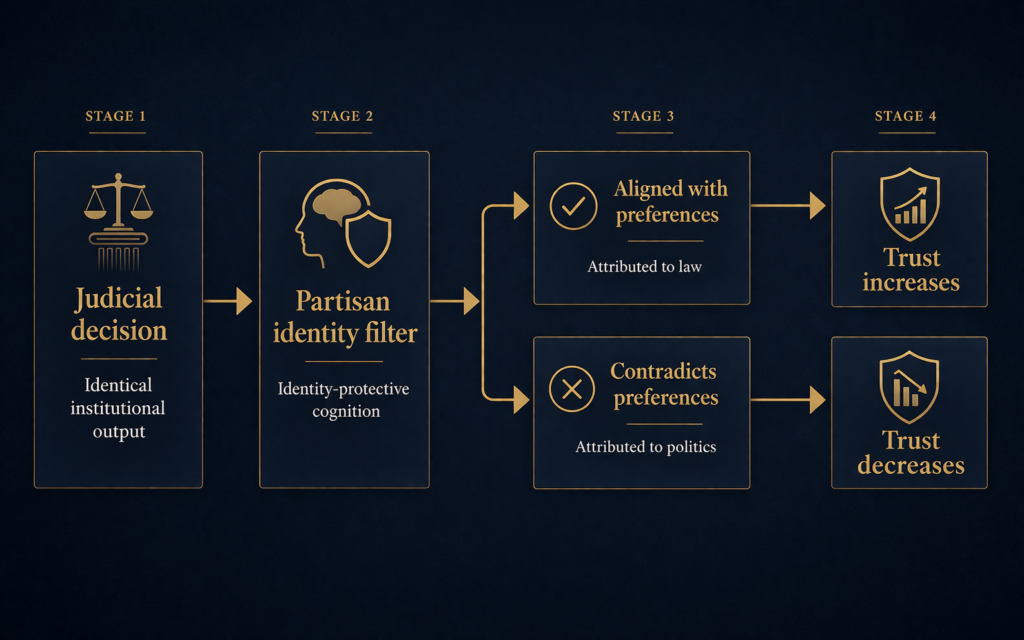 Chart showing asymmetric trust updating in judicial legitimacy studies 2023–2026