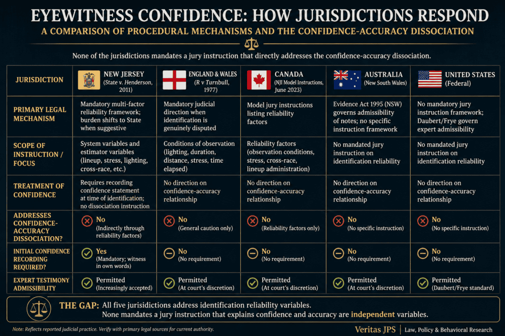 Jurisdictional comparison matrix showing eyewitness instruction rules across five legal systems.