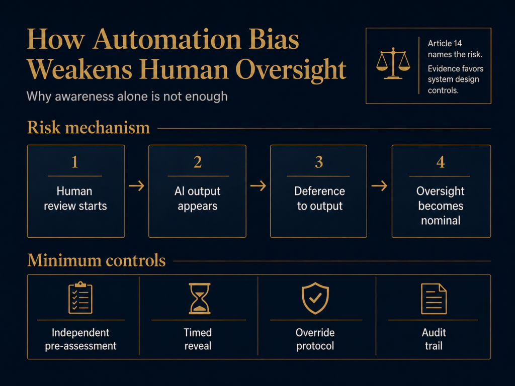 Automation bias flowchart linking AI output, deference, nominal oversight, and four control measures.