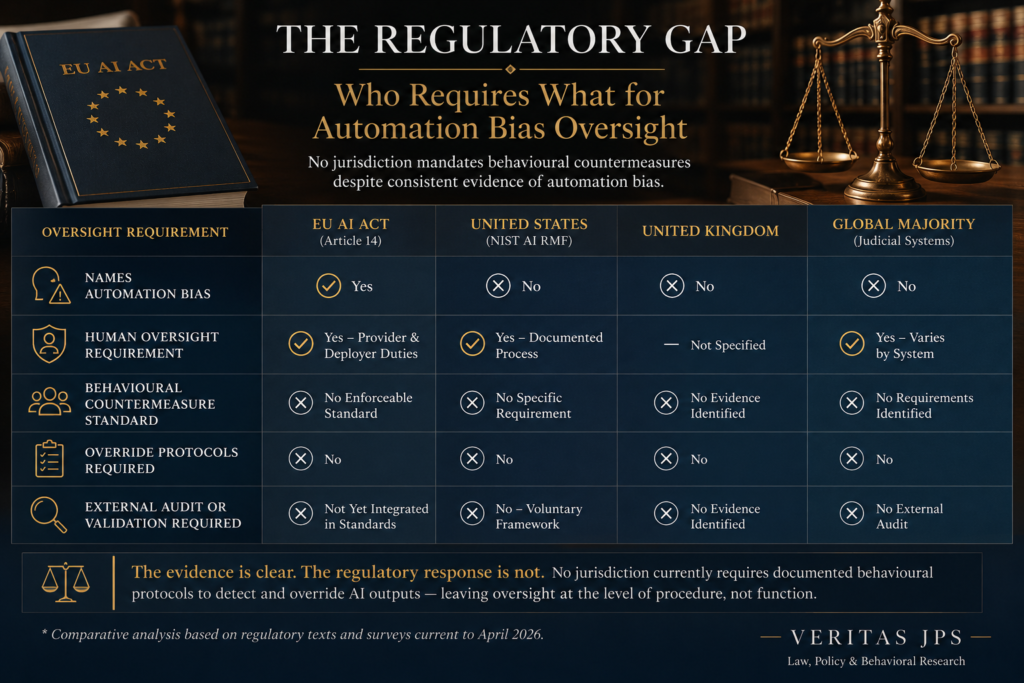 Regulatory gap matrix comparing automation bias oversight requirements across EU, US, UK, and Global Majority systems