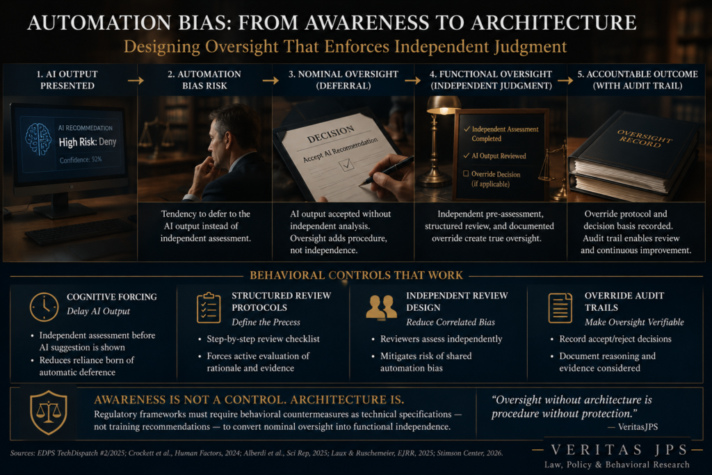 Five-stage automation bias sequence with behavioral controls for independent review and audit trails.